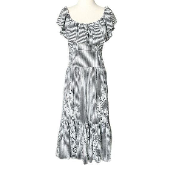 Tory Burch Eyelet Embroidered Seersucker Midi Ruffle Dress Blue Stripe Size 4 - Picture 1 of 5